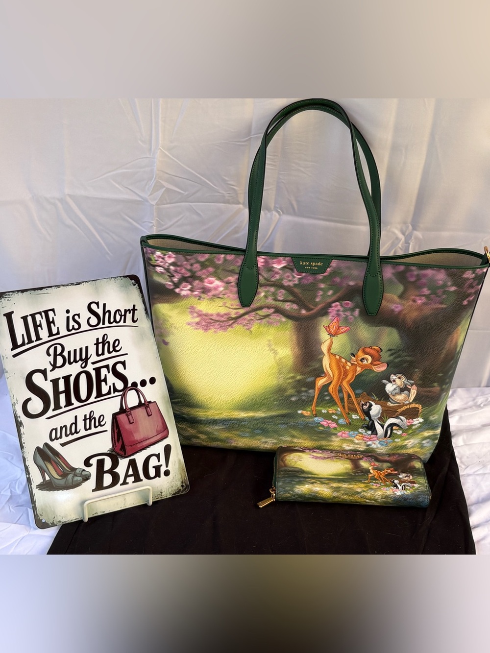 kate spade green woodland Bambi print tote with matching wallet